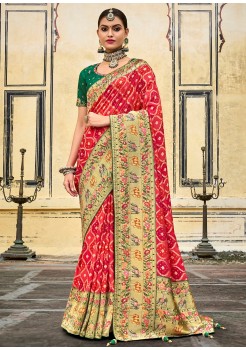 Pink And Green Pure Dola Designer Saree